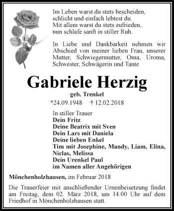 Traueranzeige von Gabriele Herzig von Thüringer Allgemeine, Thüringische Landeszeitung