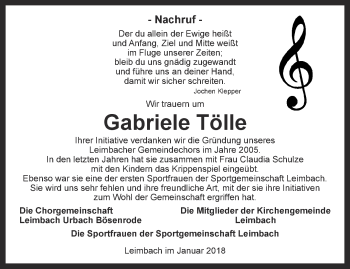 Traueranzeige von Gabriele Tölle von Thüringer Allgemeine