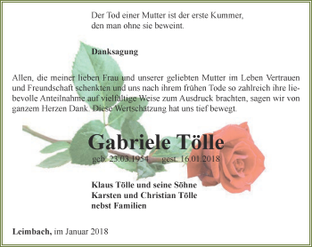 Traueranzeige von Gabriele Tölle von Thüringer Allgemeine