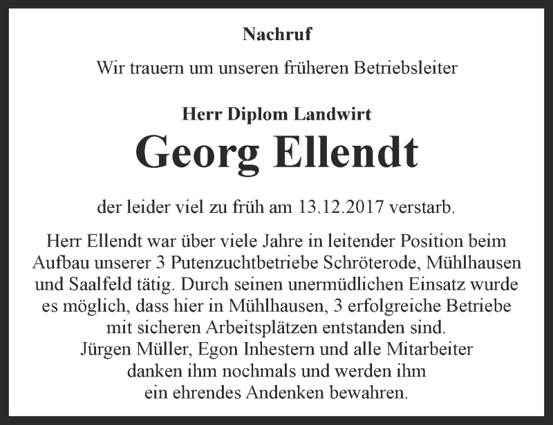  Traueranzeige für Georg Ellendt vom 03.02.2018 aus Thüringer Allgemeine