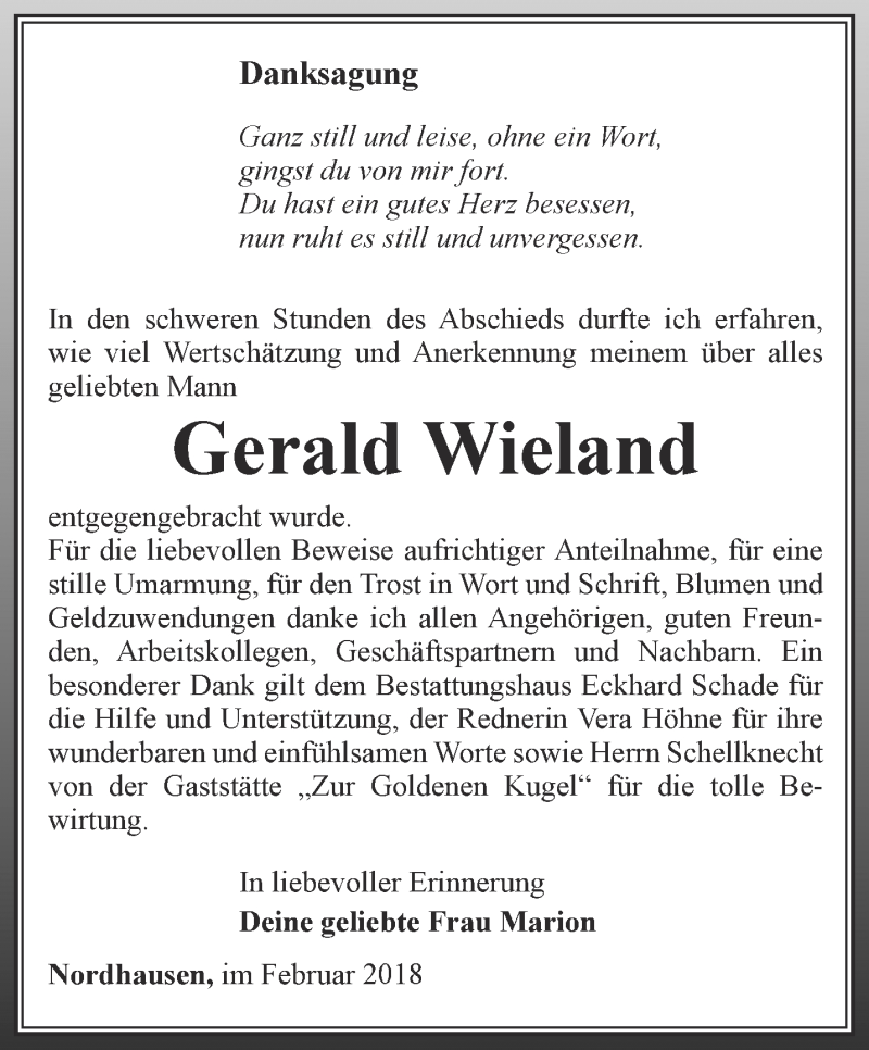  Traueranzeige für Gerald Wieland vom 06.02.2018 aus Thüringer Allgemeine