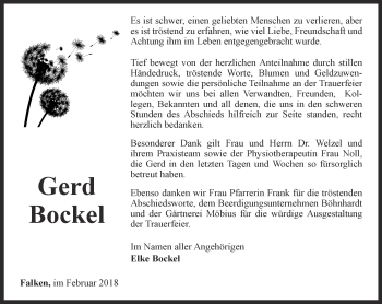 Traueranzeige von Gerd Bockel von Thüringer Allgemeine, Thüringische Landeszeitung