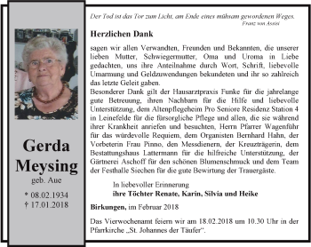 Traueranzeige von Gerda Meysing von Thüringer Allgemeine