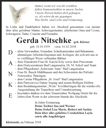 Traueranzeige von Gerda Nitschke von Thüringer Allgemeine, Thüringische Landeszeitung