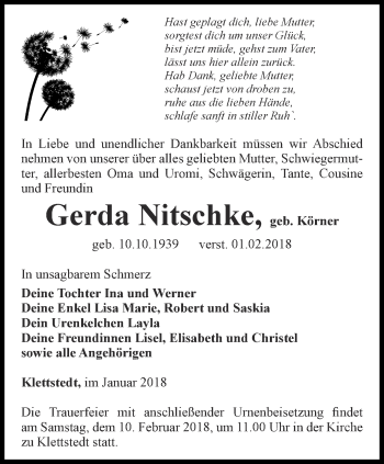 Traueranzeige von Gerda Nitschke von Thüringer Allgemeine, Thüringische Landeszeitung