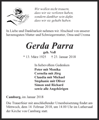 Traueranzeige von Gerda Parra von Ostthüringer Zeitung, Thüringische Landeszeitung