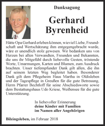 Traueranzeige von Gerhard Byrenheid von Thüringer Allgemeine