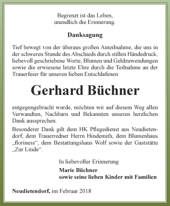 Traueranzeige von Gerhard Büchner von Thüringer Allgemeine, Thüringische Landeszeitung