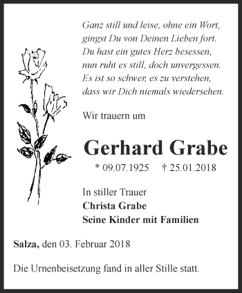 Traueranzeige von Gerhard Grabe von Thüringer Allgemeine