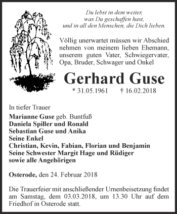 Traueranzeige von Gerhard Guse von Thüringer Allgemeine