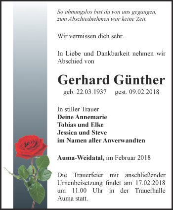 Traueranzeige von Gerhard Günther von Ostthüringer Zeitung