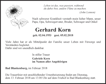 Traueranzeige von Gerhard Korn von Ostthüringer Zeitung