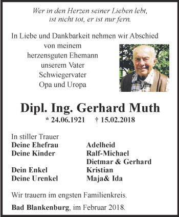 Traueranzeige von Gerhard Muth von Ostthüringer Zeitung