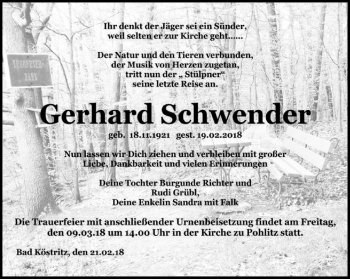 Traueranzeige von Gerhard Schwender