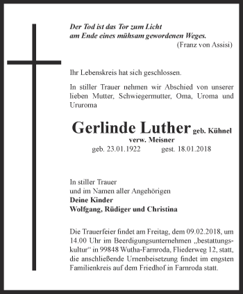 Traueranzeige von Gerlinde Luther  von Thüringer Allgemeine, Thüringische Landeszeitung