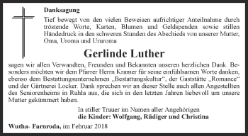 Traueranzeige von Gerlinde Luther  von Thüringer Allgemeine, Thüringische Landeszeitung