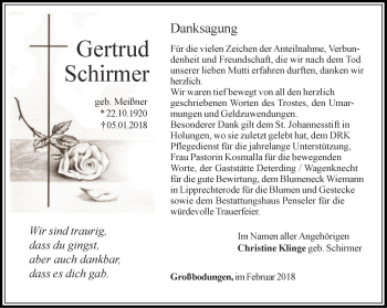 Traueranzeige von Gertrud Schirmer von Thüringer Allgemeine