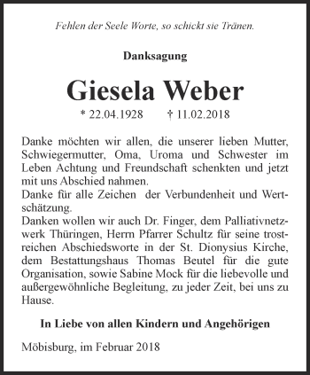 Traueranzeige von Giesela Weber von Thüringer Allgemeine, Thüringische Landeszeitung