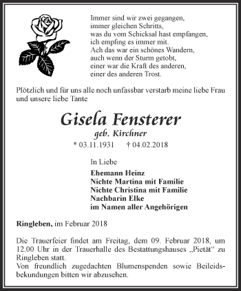 Traueranzeige von Gisela Fensterer von Thüringer Allgemeine