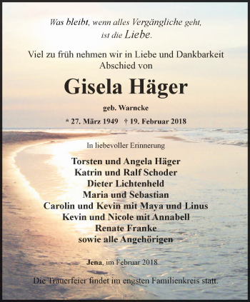 Traueranzeige von Gisela Häger von Ostthüringer Zeitung, Thüringische Landeszeitung