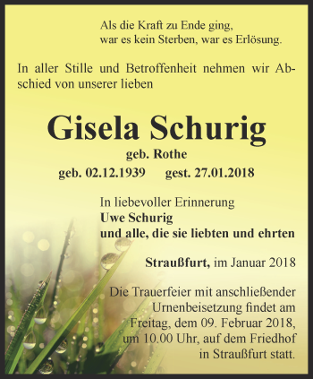 Traueranzeige von Gisela Schurig von Thüringer Allgemeine