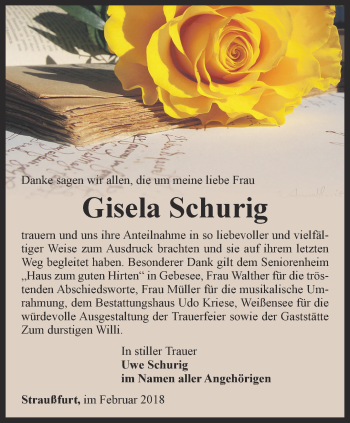 Traueranzeige von Gisela Schurig von Thüringer Allgemeine