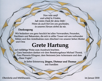 Traueranzeige von Grete Hartung von Thüringer Allgemeine, Thüringische Landeszeitung