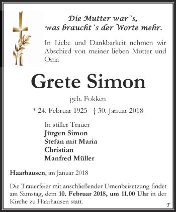 Traueranzeige von Grete Simon von Thüringer Allgemeine