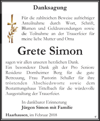 Traueranzeige von Grete Simon von Thüringer Allgemeine