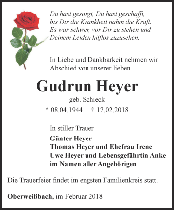 Traueranzeige von Gudrun Heyer von Ostthüringer Zeitung