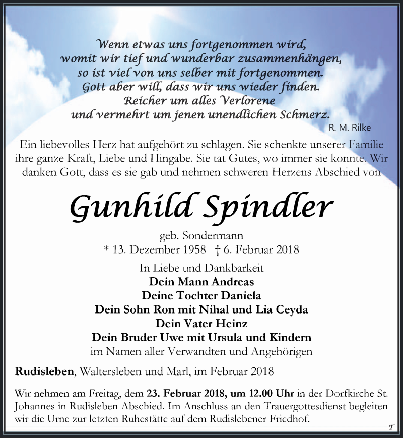  Traueranzeige für Gunhild Spindler vom 14.02.2018 aus Thüringer Allgemeine, Thüringische Landeszeitung