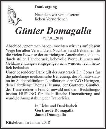 Traueranzeige von Günter Domagalla von Thüringer Allgemeine