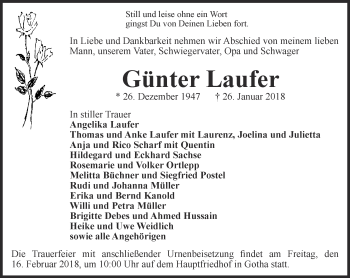 Traueranzeige von Günter Laufer von Ostthüringer Zeitung, Thüringische Landeszeitung