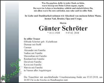 Traueranzeige von Günter Schröter von Ostthüringer Zeitung