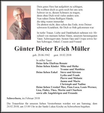 Traueranzeige von Günter Dieter Erich Müller von Thüringer Allgemeine, Thüringische Landeszeitung