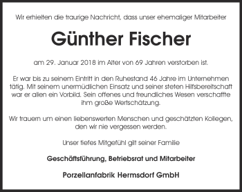 Traueranzeige von Günther Fischer von Ostthüringer Zeitung