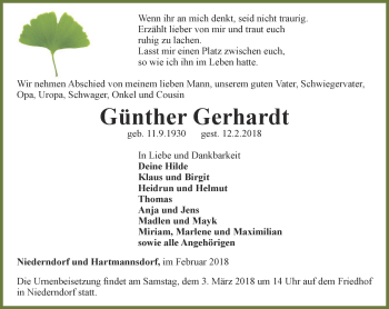 Traueranzeige von Günther Gerhardt von Ostthüringer Zeitung