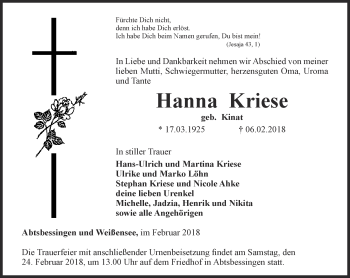 Traueranzeige von Hanna Kriese von Thüringer Allgemeine