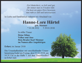 Traueranzeige von Hanne-Lore Härtel