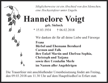 Traueranzeige von Hannelore Voigt von Thüringer Allgemeine, Thüringische Landeszeitung