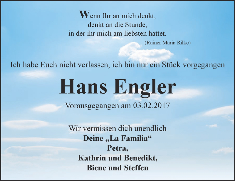  Traueranzeige für Hans Engler vom 03.02.2018 aus Ostthüringer Zeitung, Thüringische Landeszeitung