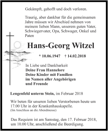 Traueranzeige von Hans-Georg Witzel von Thüringer Allgemeine, Thüringische Landeszeitung