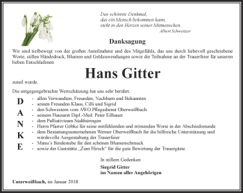 Traueranzeige von Hans Gitter von Ostthüringer Zeitung