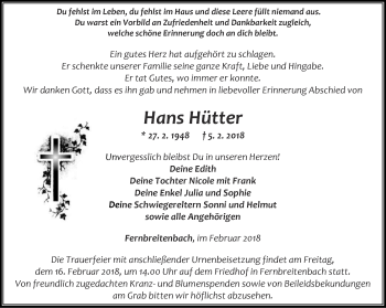 Traueranzeige von Hans Hütter von Thüringer Allgemeine, Thüringische Landeszeitung
