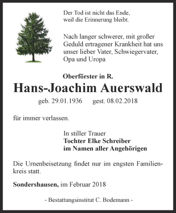 Traueranzeige von Hans-Joachim Auerswald von Thüringer Allgemeine