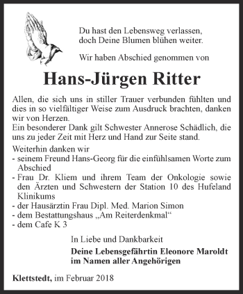 Traueranzeige von Hans-Jürgen Ritter von Thüringer Allgemeine, Thüringische Landeszeitung