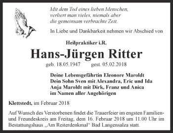 Traueranzeige von Hans-Jürgen Ritter von Thüringer Allgemeine, Thüringische Landeszeitung