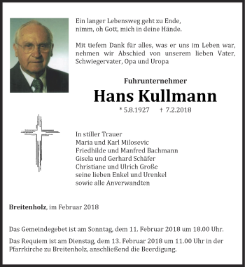 Traueranzeige von Hans Kullmann von Thüringer Allgemeine