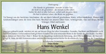 Traueranzeige von Hans Wenkel von Thüringer Allgemeine