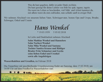 Traueranzeige von Hans Wenkel von Thüringer Allgemeine